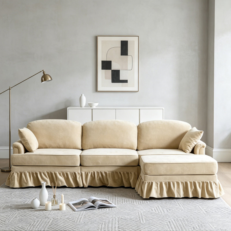 Canapé modulaire 103,15 po avec jupe plissée à volants amovible, canapé en chenille nuage, repose-pieds et accoudoirs évasés
