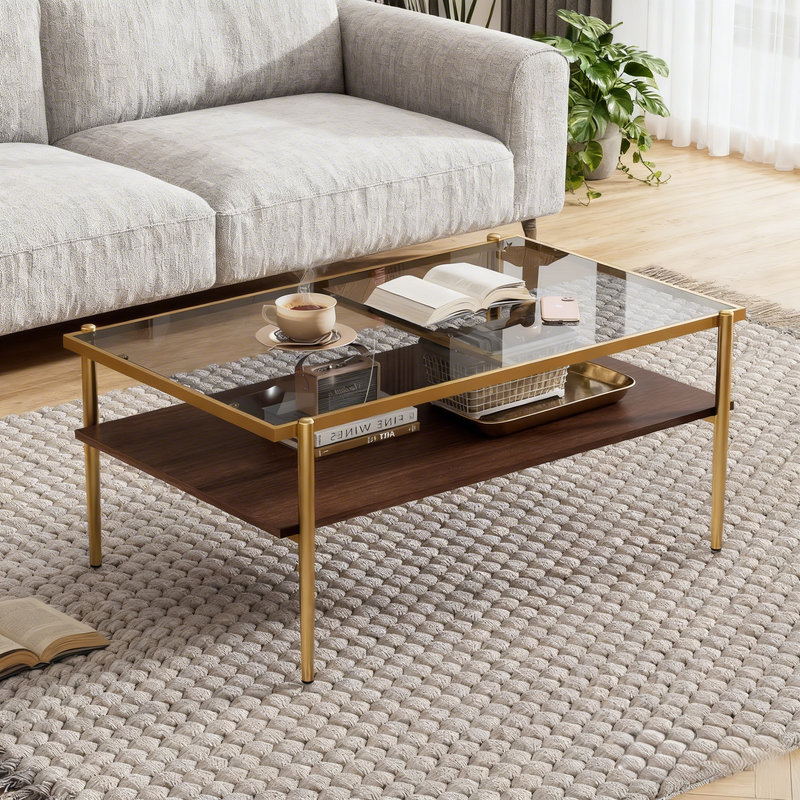 38'' Modern Rectangle Coffee Table with Tempered Glass Top and 2-Tier Storage Shelf, Gold