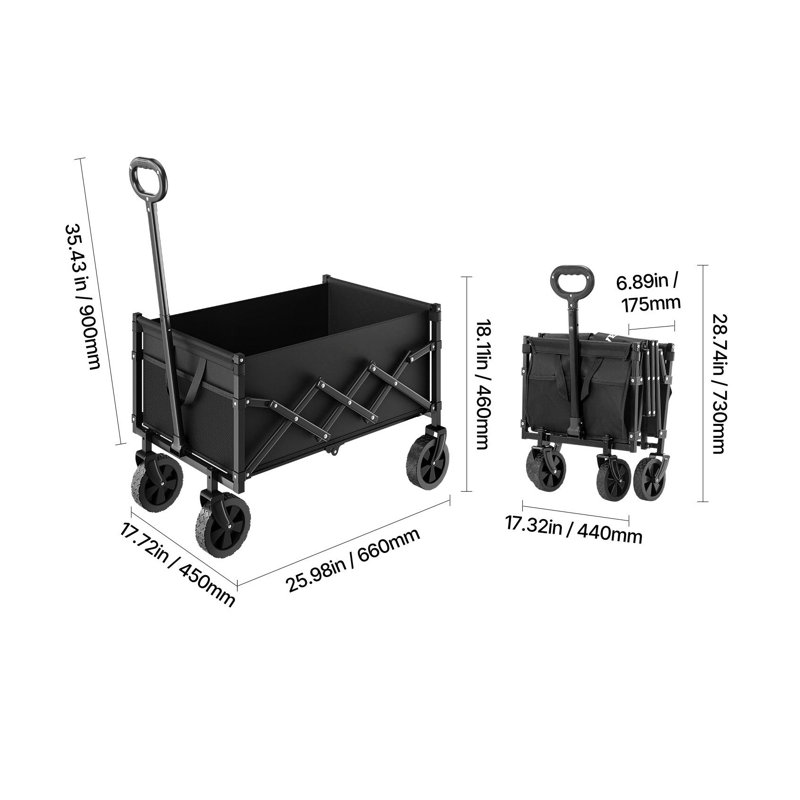 Chariot pliable pliable avec roues tout-terrain, chariot de jardin utilitaire robuste pour le camping et l'épicerie