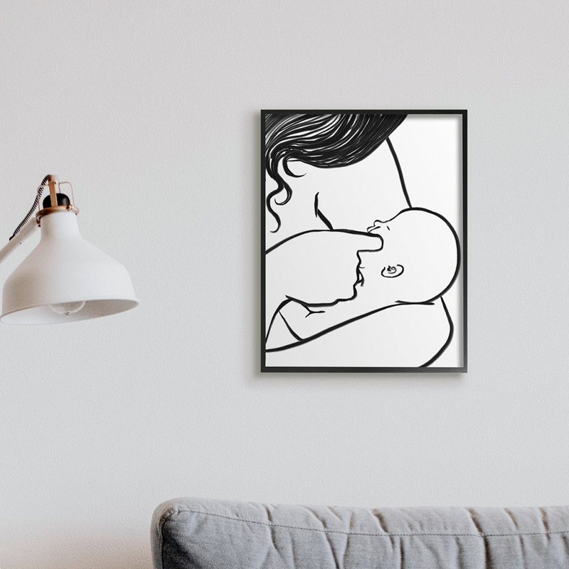 Mère et mère qui allaite un enfant en noir et blanc, Giclée encadrée noir minuit, H 14 po x l 11 po