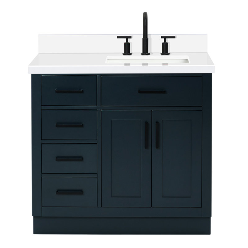 Meuble-lavabo simple en bois massif 36 po Tidworth avec plateau en quartz 1,5 po, Bleu minuit, Oui, Forme rectangulaire