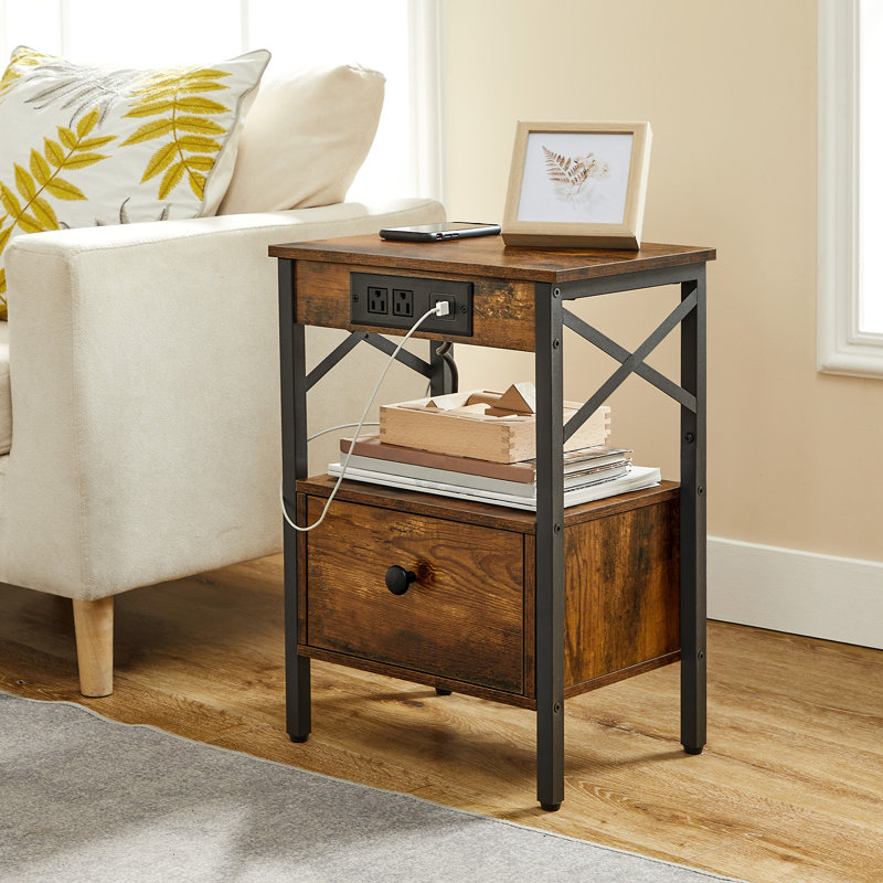 Rickett Nightstand with Built-in Outlets, Rustic Brown/Black