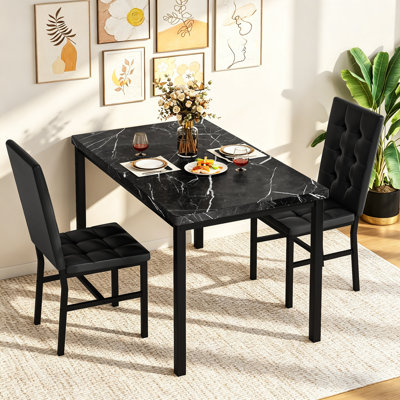 Modern 3 Piece Dining Table Set for 2 with Faux Marble Top and Soft Upholstered Chairs, Compact Dining Furniture for Small Spaces