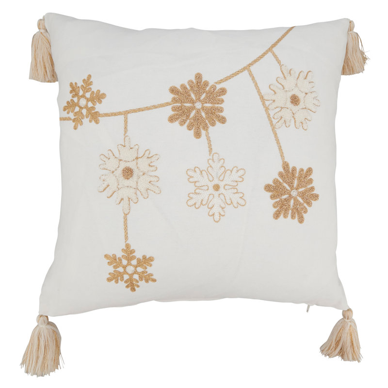 Gold Snowflakes Cotton Throw Pillow Cover with Tassels, 18"