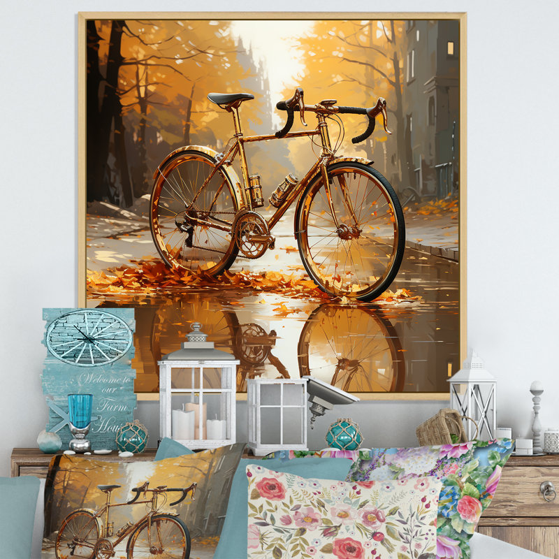 Golden Wheels, bicyclette I, sur toile, H 16 po x l 16 po x P 1 po, Cadre naturel flottant