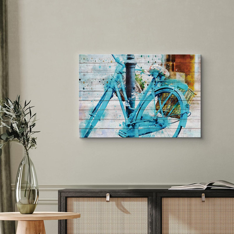Aquarelle bleu rétro vélo transport bicyclettes effet bois panneaux art pastel rustique, H 32 po x l 48 po