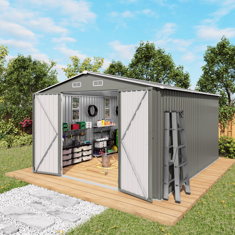 Abri de jardin en métal gris de 3 x 3,6 m (10 x 12 pi) avec double porte et fenêtres translucides, idéal pour ranger le mobilier d'atelier, les outils et les vélos.