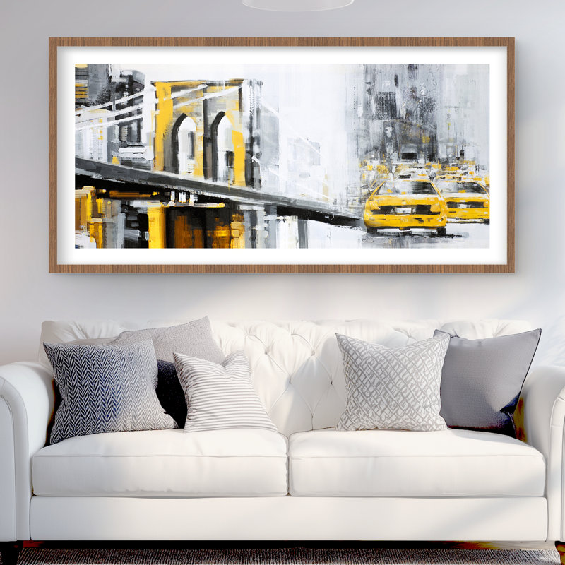 Pont jaune de Brooklyn avec taxis - reproduction encadrée avec passe-partout