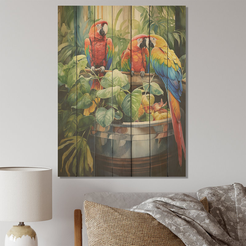 «Red Parrot Jungle Paradise I» - impression de perroquet sur bois, H 20 po x l 10 po