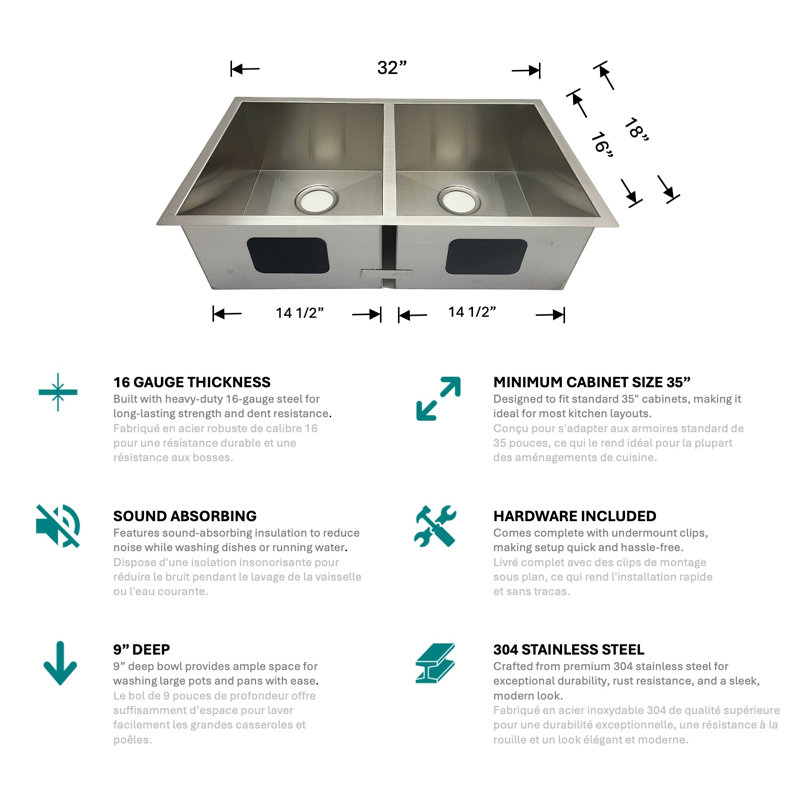 Évier de cuisine en acier inoxydable encastré - double cuve 32 po avec accessoires