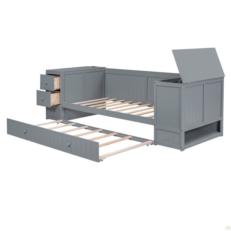 Lit de jour simple avec accoudoirs de rangement, lit gigogne et station de charge, gris, Gris