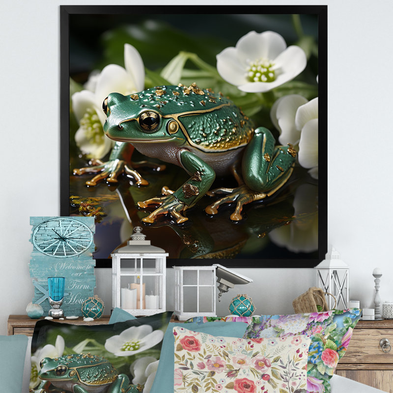 Grenouille verte sur verre, impression sur toile, H 36 po x l 36 po x P 1,5 po, Cadre simple noir