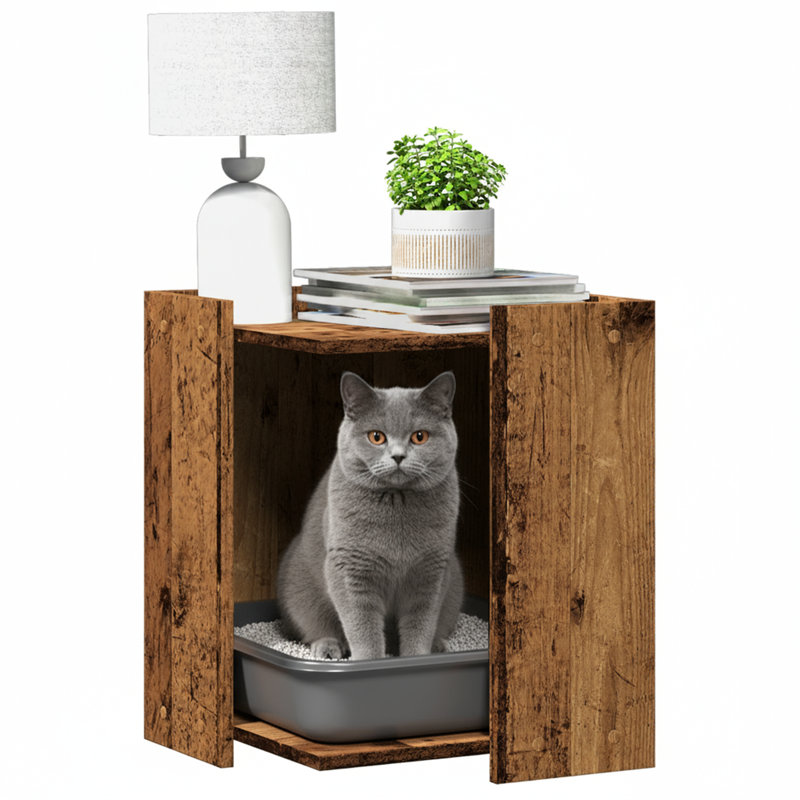 Engineered Wood Litter Box Enclosure, Old Wood, 51cm H x 42cm W x 42cm D