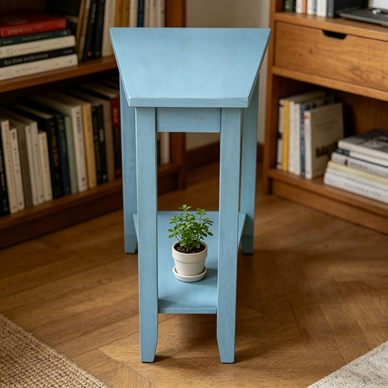 Table d'appoint en Parawood massif avec surface de bloc de boucher et tablette inférieure, finition bleu océan antique