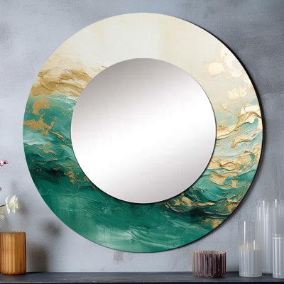 Rovilla or et vert Soft Wave Fusion II - miroir de formes abstraites uniques, grand miroir mural rond moderne, impression d'art en métal