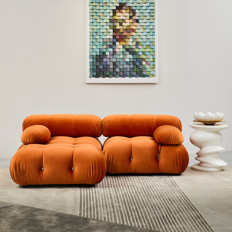 Upholstered L-Shaped Sectional Reversible, Orange Velvet
