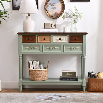 French Country Console Table with Drawers and Open Storage Shelf