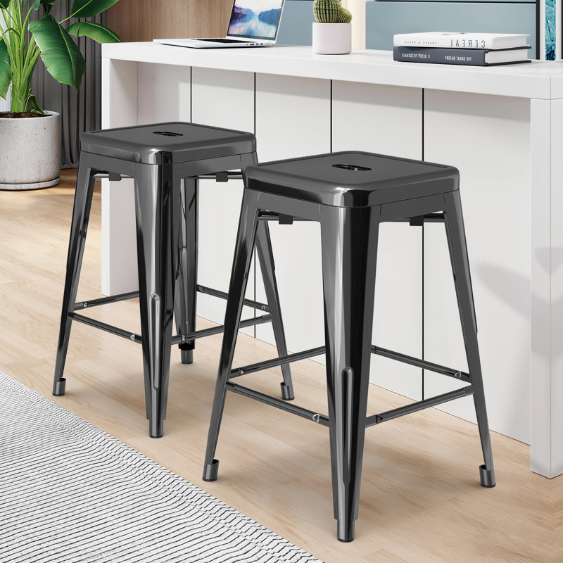 Metal Bar Stools Set of 2, Counter Height Bar Stools 24 Inches Industrial Bar Chairs Patio Stool Indoor-Outdoor Counter Height Stools with Square Seat