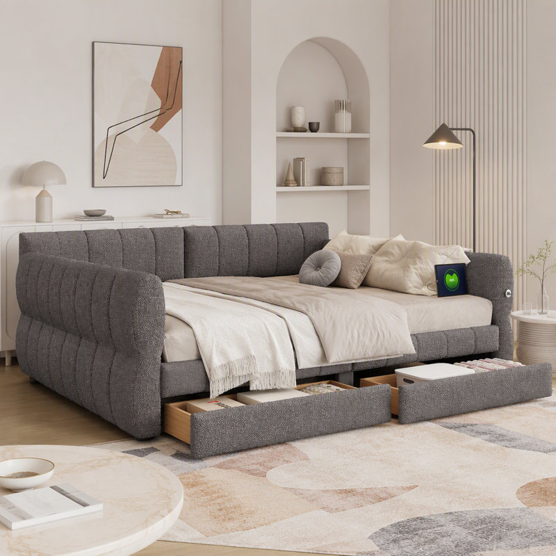 Très grand lit plateforme tapissier avec USB et tiroirs de rangement, Très grand lit, Gris, 2 tiroirs