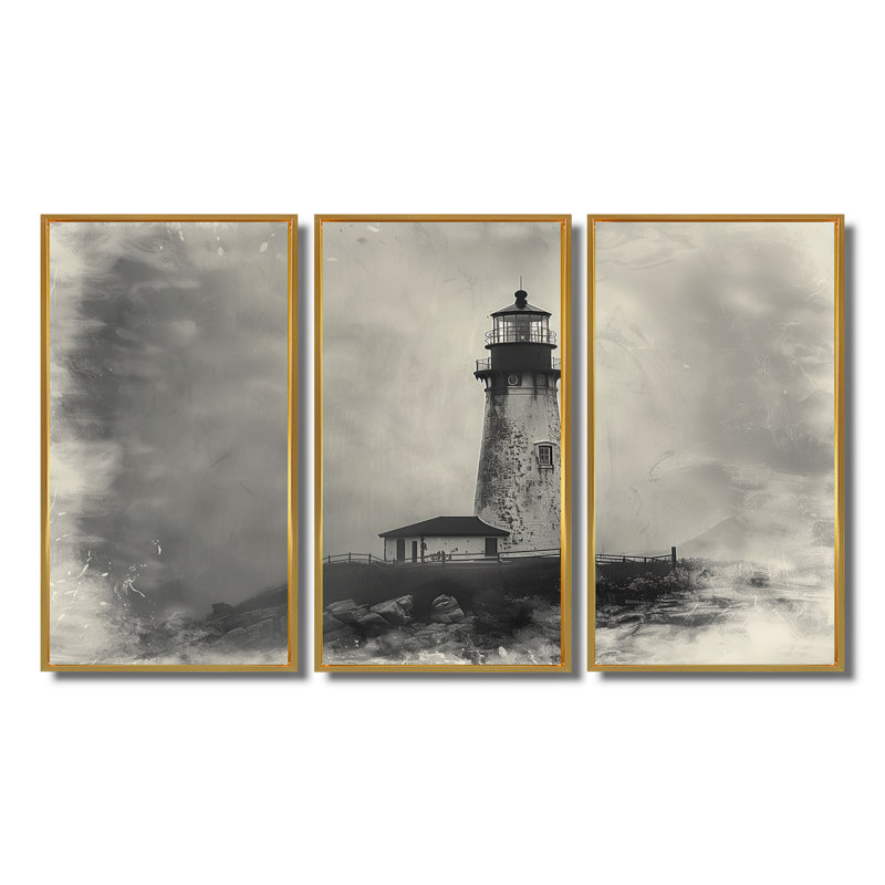 Phare rétro rétro brouillard d'hiver - ensemble de reproductions d'art mural phares, Toile avec cadre flottant or