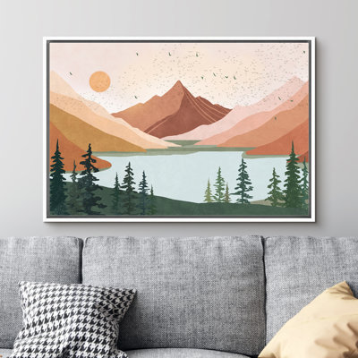 Valley Scene with Lake, Pines and Sunset Glow - Pictures Extra Large Framed Canvas Print Wall Art