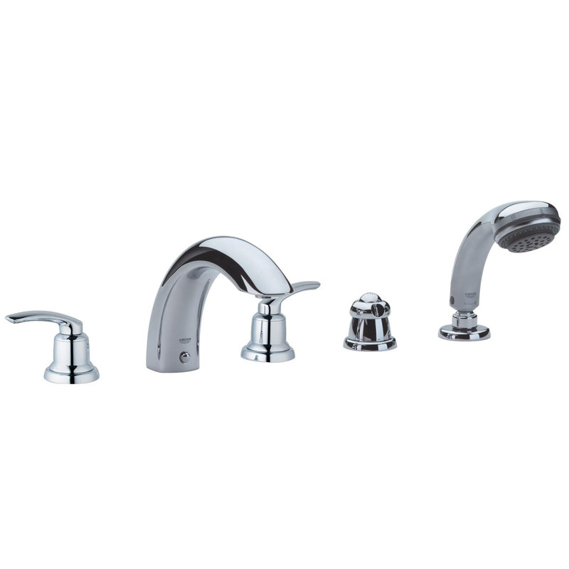 Talia Double Handle Deck Mounted Roman Tub Faucet Trim with Hand Shower, Velour Chrome/Chrome