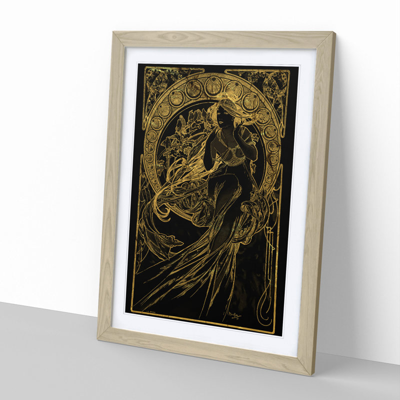 Golden Lady by Alphonse Mucha - Picture Frame Graphic Art, 90cm H x 65cm W x 2cm D, Oak Framed