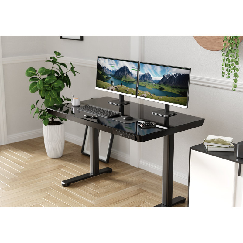 Seila Glass Top Height Adjustable Standing Desk, Computer Desk with Drawer, USB Port and Type-C Port, Black