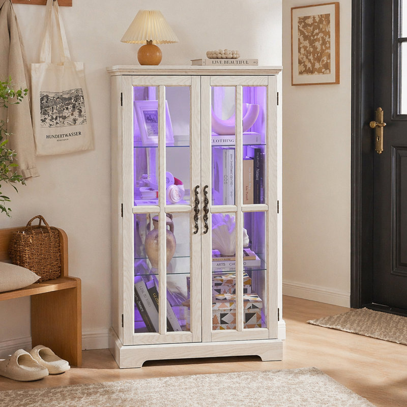 Armoire vitrée blanche à double porte en treillis, 3 tablettes réglables pour la cuisine, le salon, la chambre et le bureau
