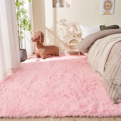 Pink Plush Rug for Living Room, Area Rugs with 4 Stickers, Shag Rug for Bedroom, Upgrade Non Slip Backing, Ideal For High Traffic Areas Indoor, Pet-friendly