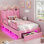 Structure de lit simple tapissier princesse avec tiroirs de rangement, rangement caché, rails de sécurité, station de charge, support en métal robuste, rose
