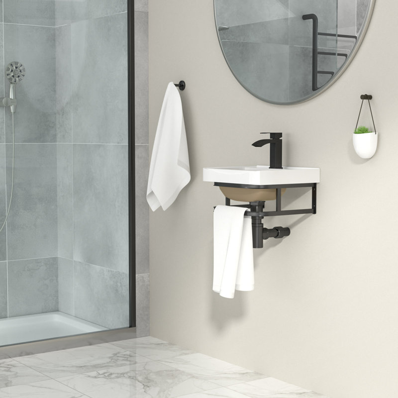 Lavabo de salle de bain mural en céramique 17 "x 14" avec porte-serviettes en porcelaine blanche avec trou de trop-plein Lavabo de salle de bain flottant rectangulaire avec trou de robinet simple