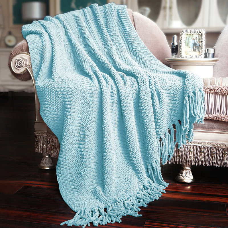 Jeté en tricot de tweed, Aigue-marine, 60 po x 80 po
