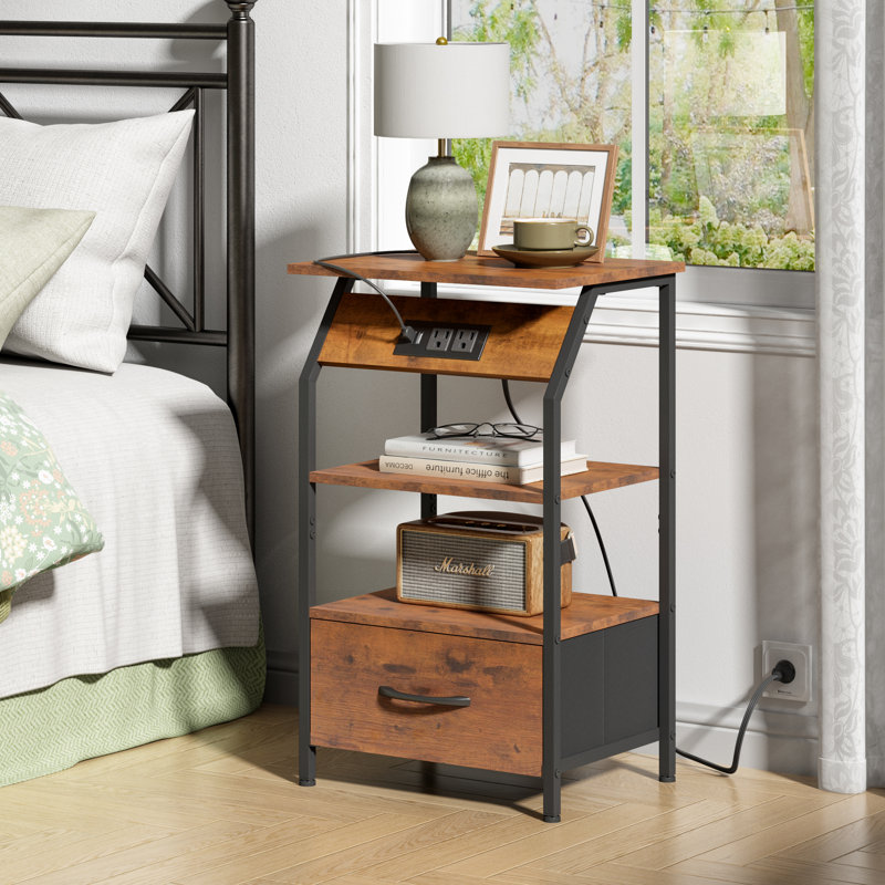 Table de chevet avec tablette, tiroir en tissu et station de charge, table de bout avec rangement, table de chevet en bois avec prises USB pour canapé de salon