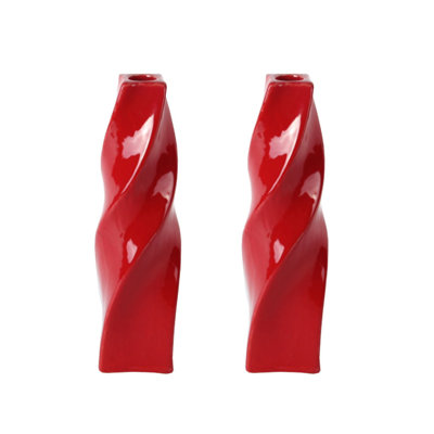 Adele Curvy Ceramic Taper Candle Holder Set of 2, 11" Sculptural Candlesticks, Red