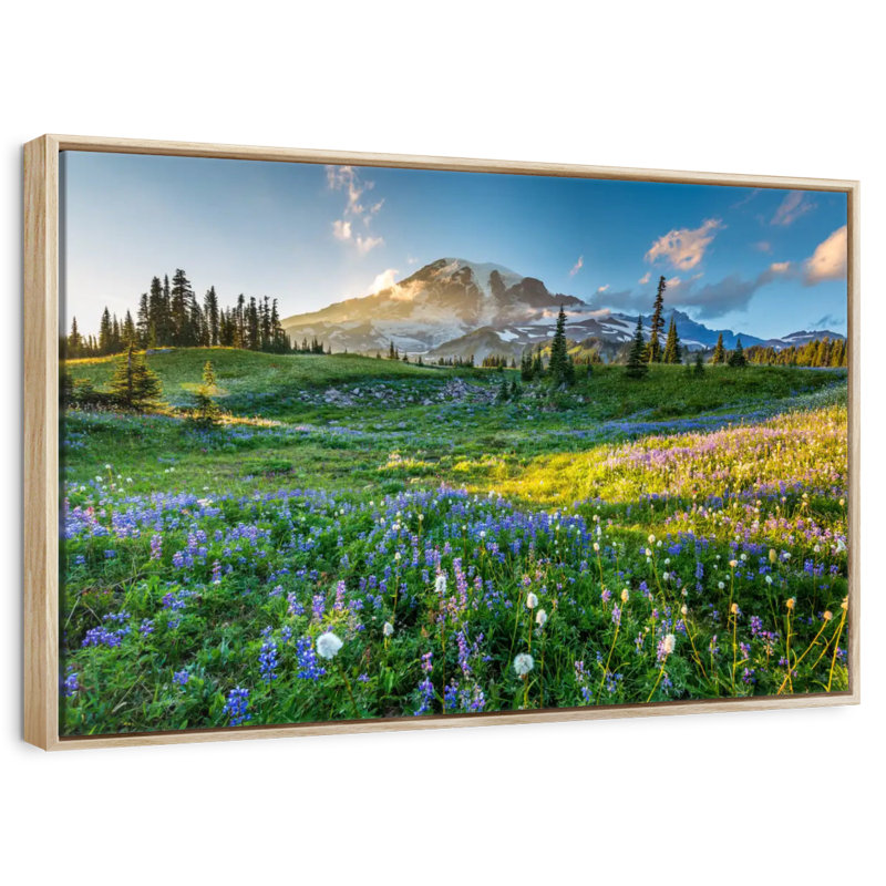 Le printemps au mont Rainier, Cadre flottant en bois naturel, 31 po x 21 po
