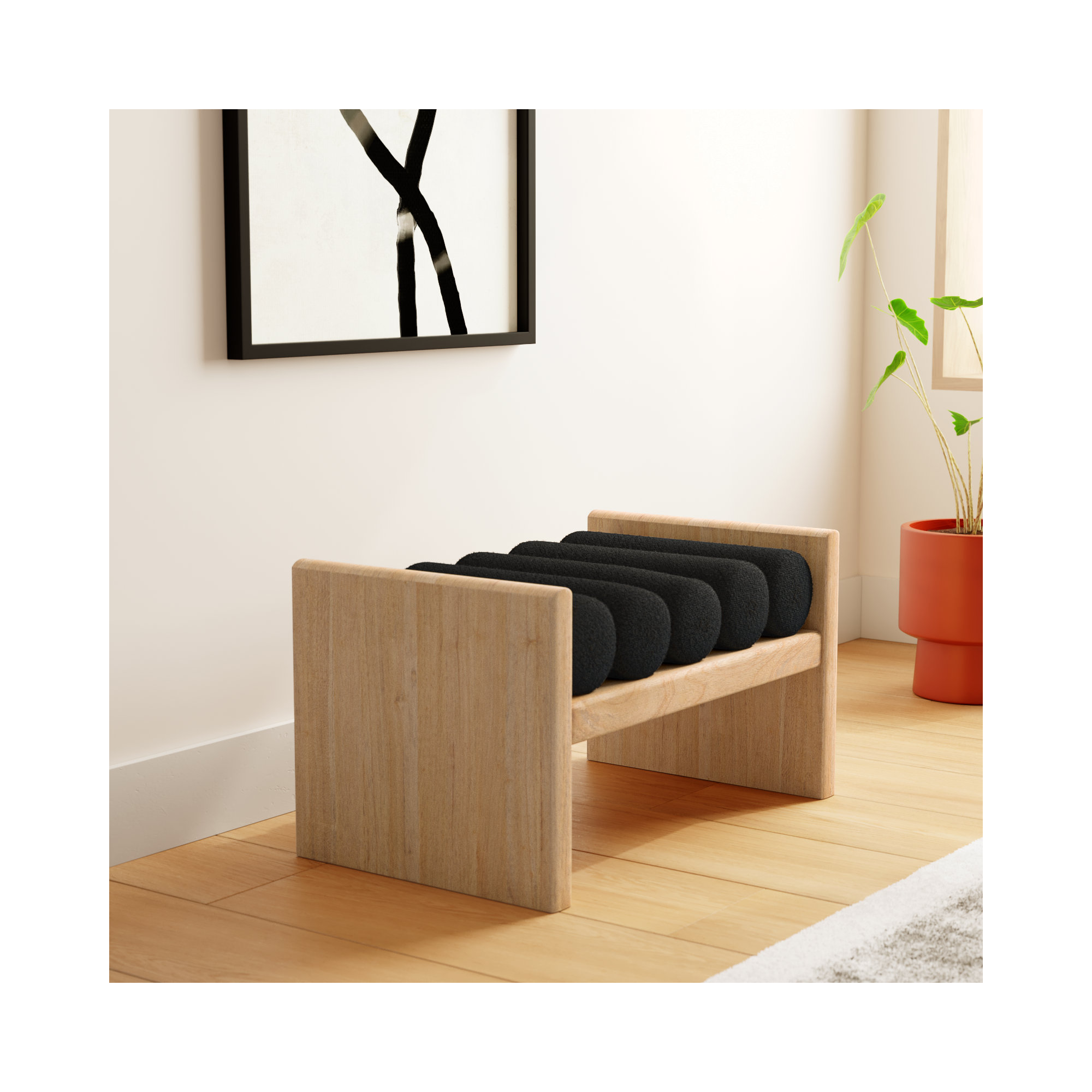 Reeves Boucle Wood Bench, 18" H x 32" W x 19" D, Black Boucle Fabric / Natural Finish