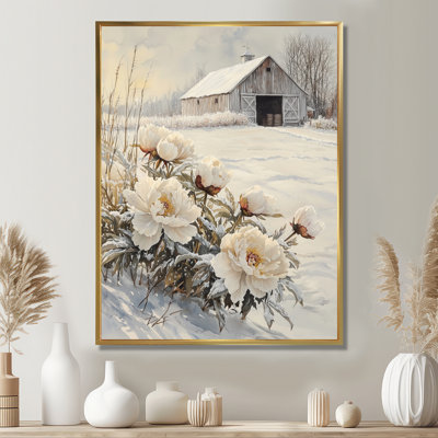 Hiver, pivoines par la grange - pivoines, art mural