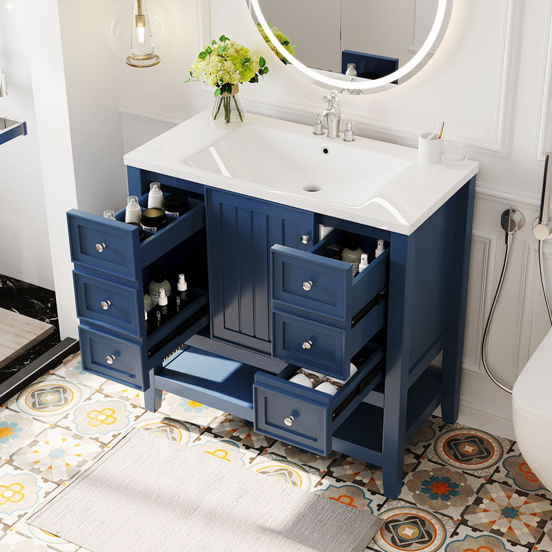 Meuble-lavabo avec lavabo, une armoire et trois tiroirs Dancy, Bleu