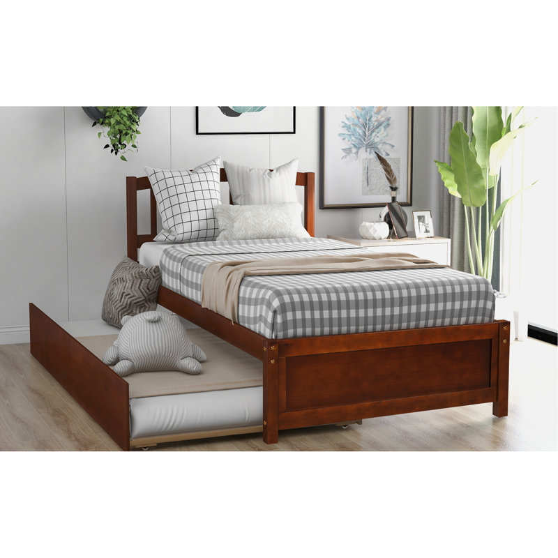 Lit plateforme simple en bois noyer avec lit gigogne amovible - Structure polyvalente pour chambre à coucher et mobilier élégant