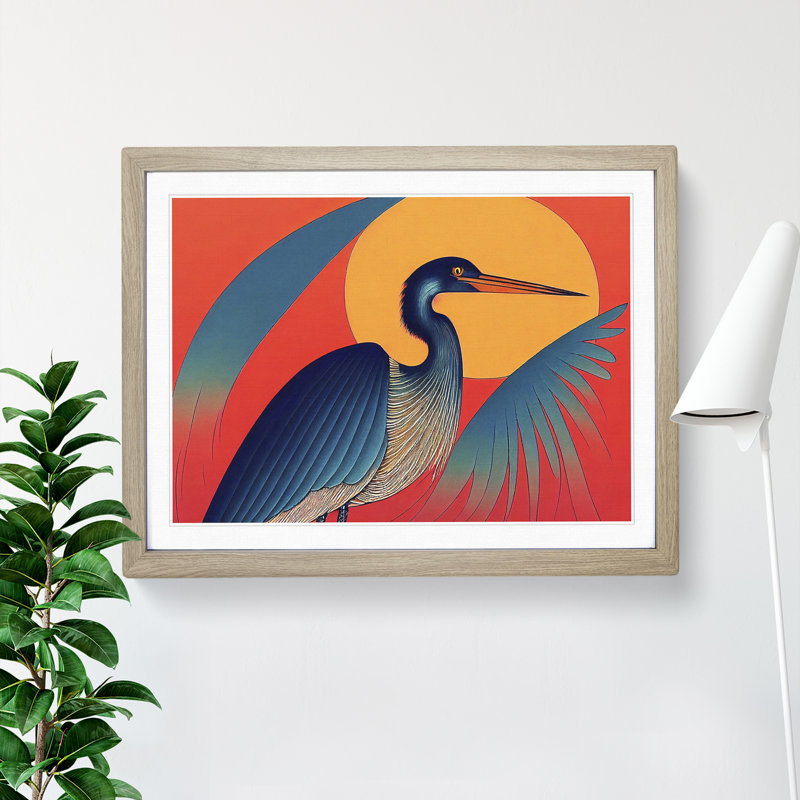 Artistic Heron Bird - Single Picture Frame Print, 25cm H x 34cm W x 2cm D, Oak Framed