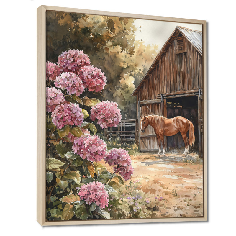 Durang, hortensias et chevaux par la grange II - hydrangées, art mural, H 44 po x l 34 po, Reproduction avec cadre flottant