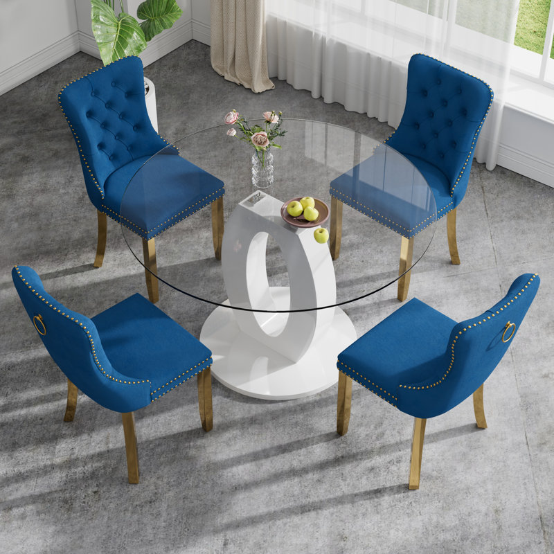 High Gloss Round Dining Table Set with 4 Velvet Dining Chairs, Blue/Gold