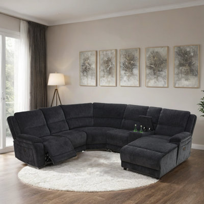 Canapé modulaire inclinable électrique en tissu 6 pièces avec console et méridienne à pousser