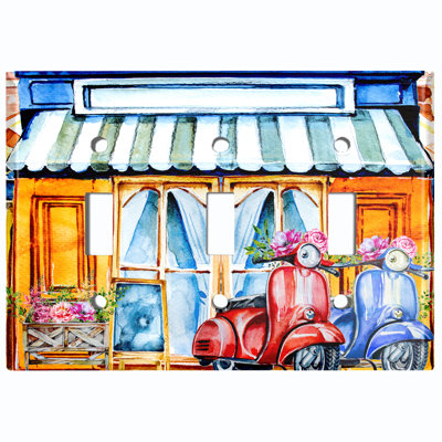 Coffee Shop Bakery Cafe Front Moped Couple Flowers 3 - Gang Toggle Light Switch Standard Wall Plate