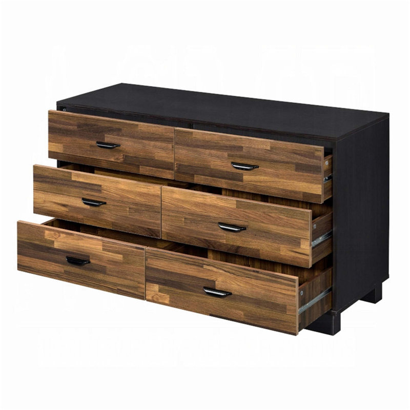 Commode à 6 tiroirs moderne en noyer et noir avec une fabrication durable et un rangement spacieux pour une utilisation polyvalente