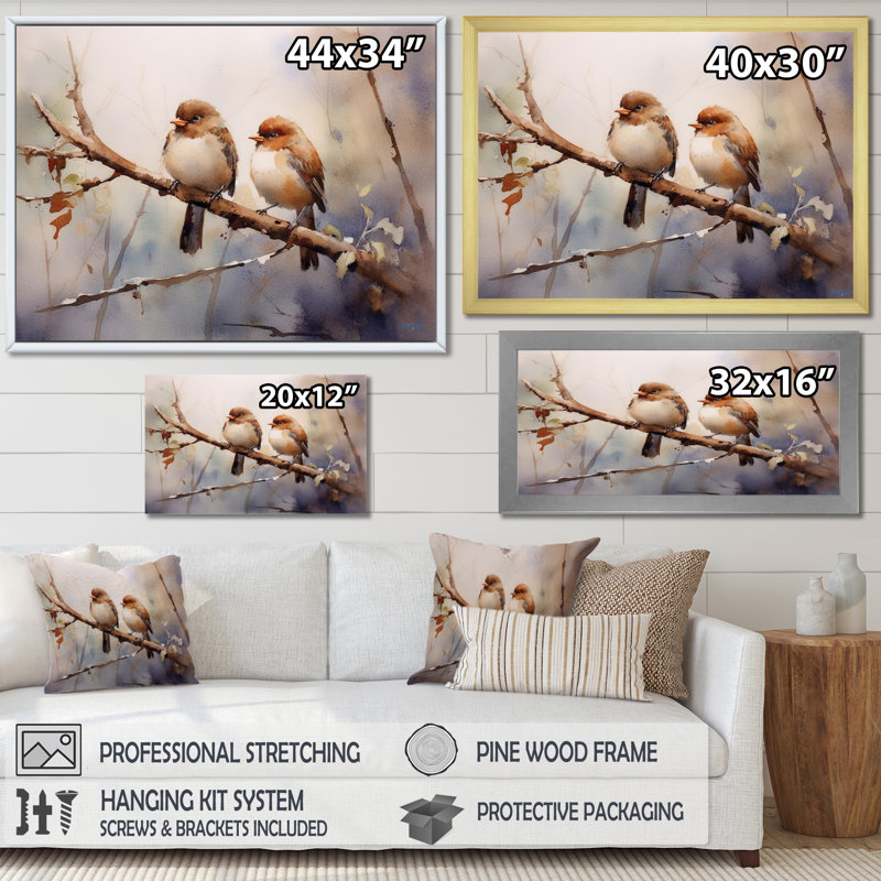 Oiseau moineau beige et brun I - art mural oiseau pour le salon, Toile tendue, H 12 po x l 20 po x P 1 po