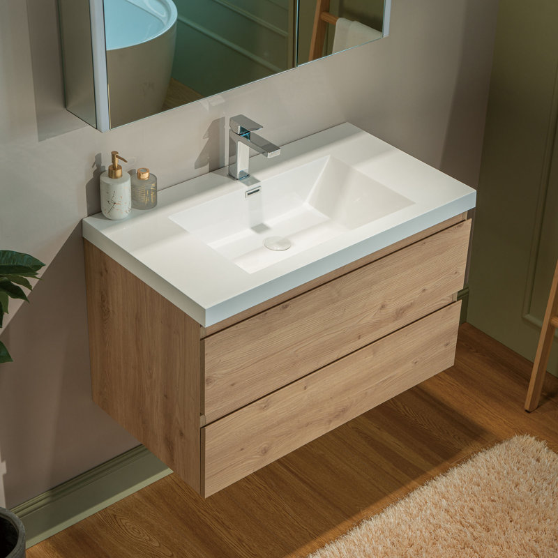 Meuble-lavabo flottant mural 48 po avec comptoir en résine composite, Blanc, Chêne naturel, 48"