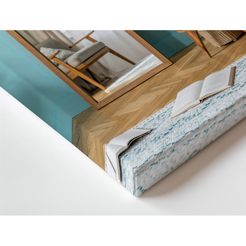 "Toile", créant une scène sereine et inspirante avec un art mural minimaliste avec des murs bleus pastel doux baignés dans une toile naturelle chaude