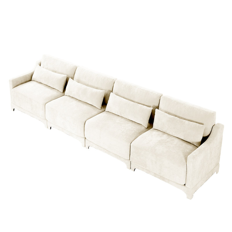 Chenille beige à quatre places, siège ergonomique et coussin lombaire, base en bois massif, éponge à haute résilience, conception exquise avec accoudoirs, sièges confortables, convient à différents intérieurs